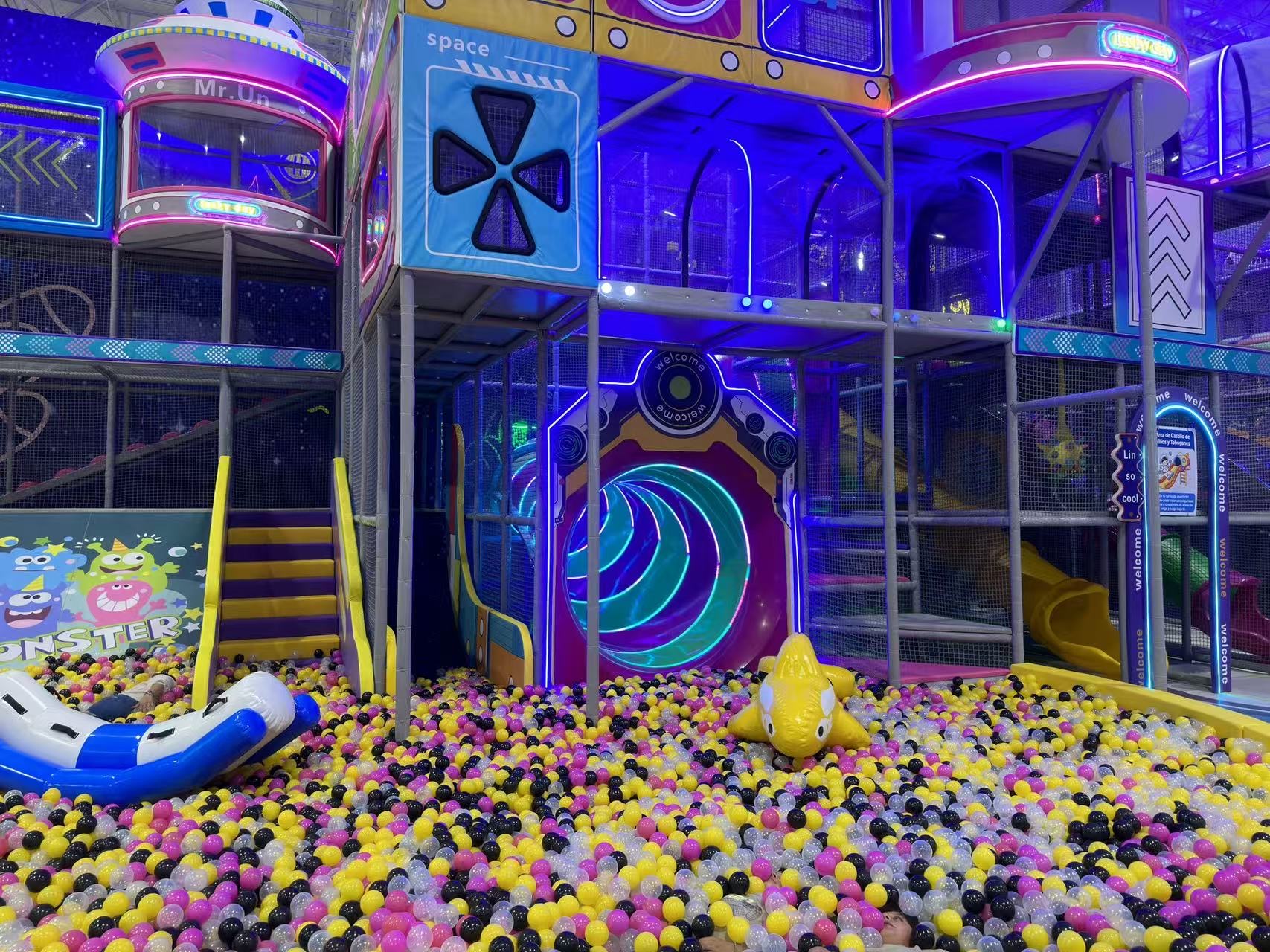 Completed indoor playground with slides and ball pool