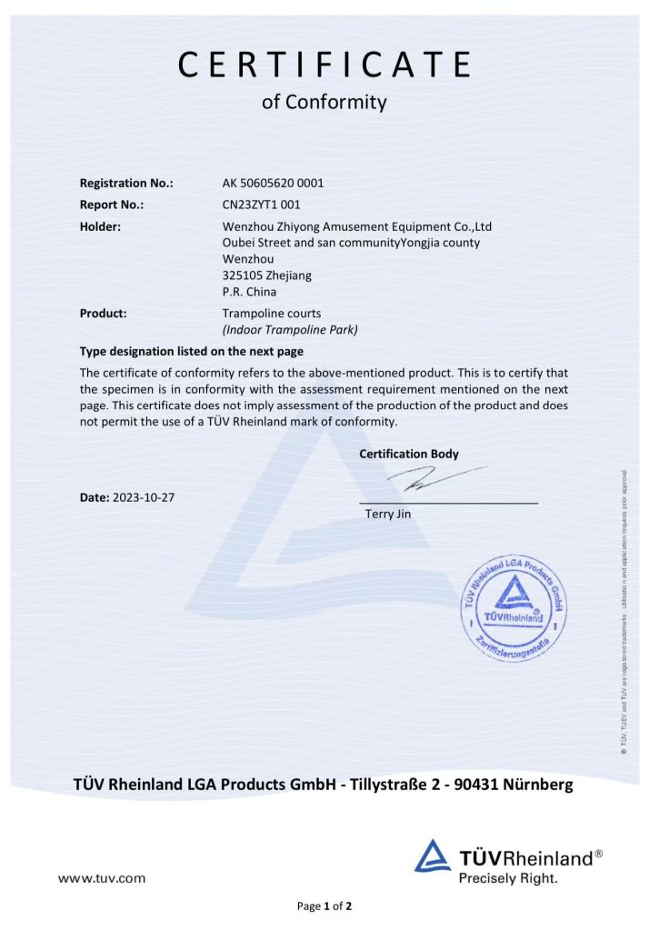 TÜV certificate AK 50605620 0001 for trampoline courts, page 1