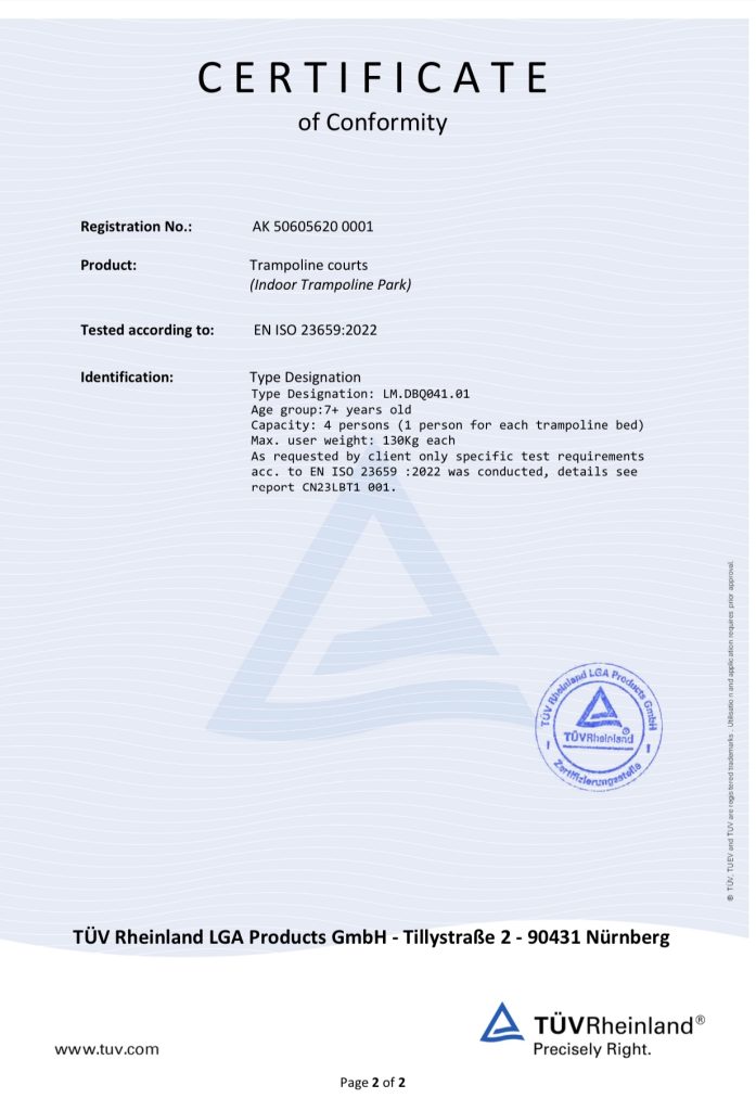 TÜV certificate AK 50605620 0001 for trampoline courts, page 2