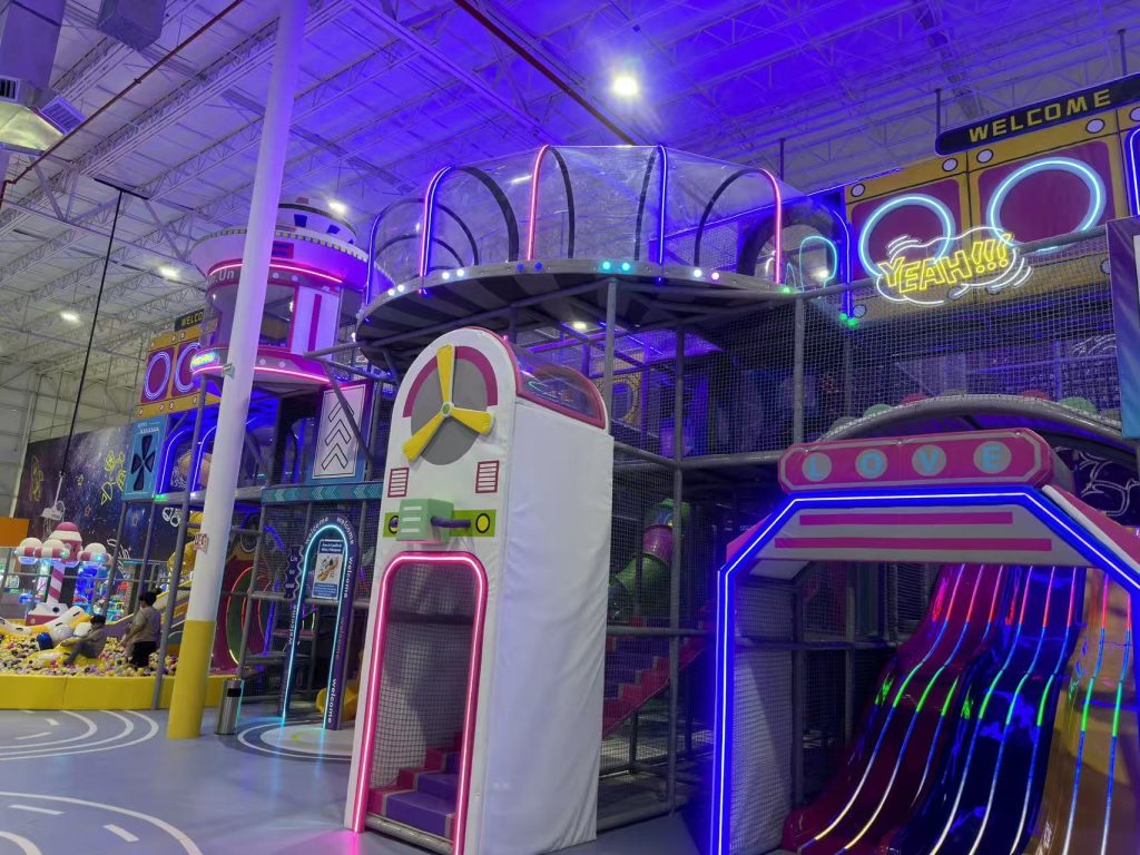 Neon themed indoor playground hall